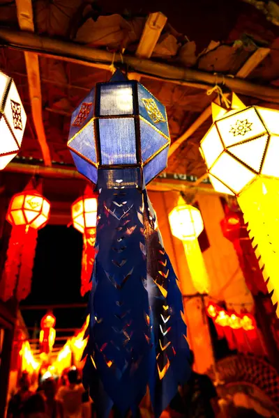 Chinese or Asian lanterns decorations in night at temple. Lighting decorations for lantern festivals in Chiang Mai, Thailand