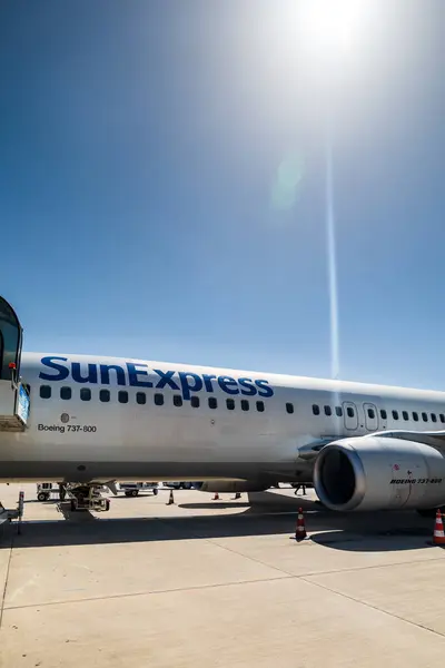 stock image Izmir, Turkey - 07.01.2024: SunExpress Boeing 737 aircraft on runway in Turkey. SunExpress, is a Turkish-German airline based in Antalya.