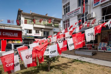 Izmir, Turkey - 05.01.2024: CHP Republican Peoples Party flags, Cumhuriyet Halk Partisi in Turkish. It is the main opposition political party in Turkey clipart