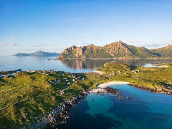 stock image Aerial landscape of Northern Norway by drone in Bo municipality, Norland, Norway. Beautiful scenery of Northern Scandinavia in Norway.