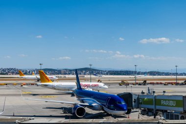İstanbul, Türkiye - 07.10.2024: İstanbul, Türkiye 'de uçaklı Sabiha Gökçen Havalimanı pisti.