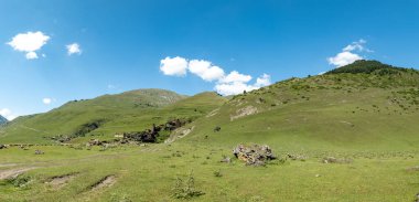 Georgia, Tusheti 'deki Dartlo köyü manzarası. Dartlo, Gürcistan 'ın Tusheti şehrinde popüler bir yürüyüş alanında yer alan antik bir köydür.