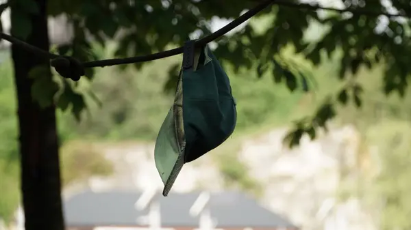 Kirli Şapka Ağaçlar Arasında Bulanık Arkaplanlı Bir Çamaşır Halatında Asılı Güneşlikli Kirli Şapka iki ağacın arasına asılmış bir çamaşır ipinde asılı, Doğal manzaraya kırsal bir dokunuş ekliyor. Arka planda, ağaçlar bulanık bir zemin oluşturuyor.