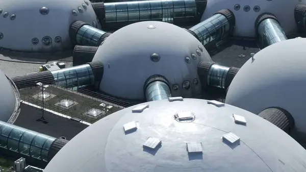 Fütüristik UFO benzeri kubbelerin yakın çekimi, bir bilim kurgu filminden fırlamış gibi görünen parlak kubbelerden oluşan olağanüstü bir kompleksin detaylı hava görüntüsü. Doğal çevrenin yokluğu yıldızı vurgular.