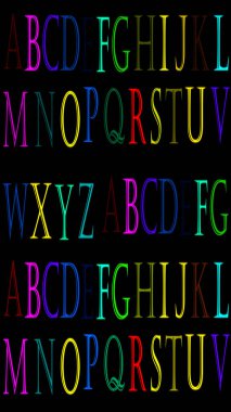 Dikey yüksek çözünürlükte alfabe renkli A 'dan Z' ye. Alfabe, A 'dan Z' ye, İngiliz alfabesi. Kullanımı kolay.