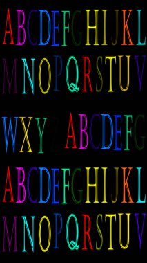 Dikey yüksek çözünürlükte alfabe renkli A 'dan Z' ye. Alfabe, A 'dan Z' ye, İngiliz alfabesi. Kullanımı kolay.