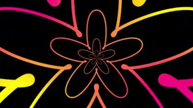 Sonsuz neon renkli, ışıldayan çiçek şeklindeki tünel, dikişsiz döngülü animasyon tünelinde. 4K 60fps. Renkli arka planda parıldayan neon ışığı çiçek açan tünel. 4K 60fps. 