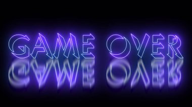 Parlak neon renkli oyun üzerinde kelime illüstrasyonu. Neon renkli Game Over metni, 4k 'de koyu bir arkaplanda parlayan neon renkli hareket hatlarıyla. Teknoloji video materyali illüstrasyonu.