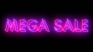 Mega-Sale metin havalı illüstrasyon. Herhangi bir videoya koymak kolay. Koyu bir arkaplan üzerinde parıltılı bir taslak olan neon renkli metin. Teknoloji video materyali animasyonu. Özel indirim etiketleri.