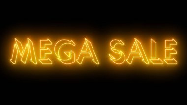 Mega-Sale metin havalı illüstrasyon. Herhangi bir videoya koymak kolay. Koyu bir arkaplan üzerinde parıltılı bir taslak olan neon renkli metin. Teknoloji video materyali animasyonu. Özel indirim etiketleri.