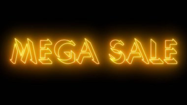 Mega-Sale metin havalı illüstrasyon. Herhangi bir videoya koymak kolay. Koyu bir arkaplan üzerinde parıltılı bir taslak olan neon renkli metin. Teknoloji video materyali animasyonu. Özel indirim etiketleri.