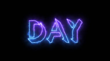 Gündüz metni çizimi. Herhangi bir videoya koymak kolay. Gündüz tebrik kartı için iyi. Koyu arkaplan üzerinde parıldayan hareketli bir ana hatlı neon renkli metin. Teknoloji video materyali animasyonu.