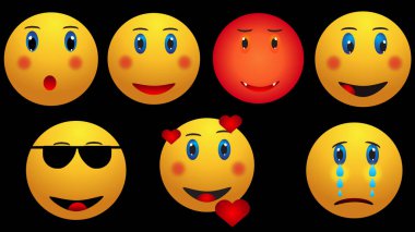 İllüstrasyon emoji paketi. Tüm ruh hali emojileri gülümseyen emojiler, mutlu emojiler, üzgün emojiler, ağlayan emojiler ve öfke emojileri gibi örneklerdir. Kullanımı kolay.