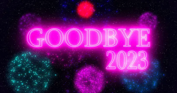 Pembe neon rengi Elveda 2023 Hoş geldin 2024 yazı illüstrasyonu neon renkli havai fişeklerle yüksek çözünürlüklü. Geçen yıl 2023 yeni yıl 2024.
