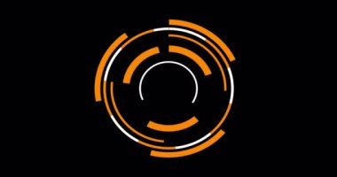 4K alfa kanalında veri HUD daire arayüzleri yükleniyor. Turuncu ve beyaz renklerle HUD arayüzleri. Bir başlık, bilgi kutusu çubuğu ve kanallar için HUD Aşağı Üçüncü. 