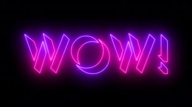 Vay canına! Neon parlayan metin animasyonu 4K de. Neon renkli vav! 4K 'de koyu bir arkaplan üzerinde parıldayan neon renkli hareket çizgisi olan metin. 4K 'da teknoloji video animasyonu.