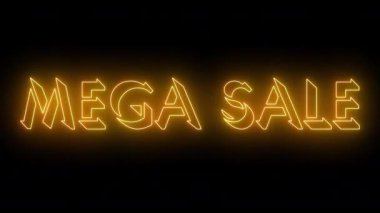 Mega-Sale 4K 'de havalı animasyon metni. Herhangi bir videoya koymak kolay. Koyu bir arkaplan üzerinde parıltılı bir taslak olan neon renkli metin. Teknoloji video materyali animasyonu. Özel indirim etiketleri. 