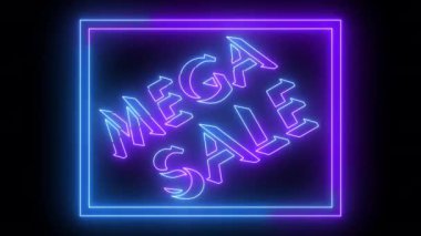 4K 'deki kutuyla Mega Sale animasyonu. Herhangi bir videoya koymak kolay. Karanlık bir arka planda hareketli bir taslak içeren titreşimli mega satış metni. Teknoloji video animasyonu. Özel indirim etiketleri. 