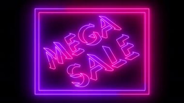 4K 'deki kutuyla Mega Sale animasyonu. Herhangi bir videoya koymak kolay. Karanlık bir arka planda hareketli bir taslak içeren titreşimli mega satış metni. Teknoloji video animasyonu. Özel indirim etiketleri. 