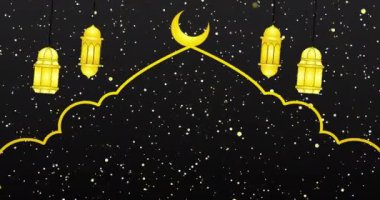 İslami ay ve fenerle 4K Ramazan Arkaplanı. Ramazan Kareem festivali BG siyah arkaplanlı. Sahneler için Ramazan Arkaplanı, Ramazan Kareem, Kurban Bayramı, Selamlama ve Kurban Bayramı.