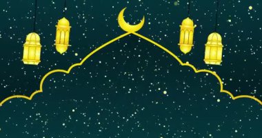 İslami ay ve fenerle 4K Ramazan Arkaplanı. Ramazan Kareem festivali BG yeşil arka planda. Sahneler için Ramazan Arkaplanı, Ramazan Kareem, Kurban Bayramı, Selamlama ve Kurban Bayramı.
