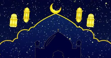 İslami ay ve fenerle 4K Ramazan Arkaplanı. Ramazan Kareem festivali mavi arka planda BG. Sahneler için Ramazan Arkaplanı, Ramazan Kareem, Kurban Bayramı, Selamlama ve Kurban Bayramı.