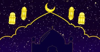İslami ay ve fenerle 4K Ramazan Arkaplanı. Mor arkaplanlı Ramazan Kareem festivali BG. Sahneler için Ramazan Arkaplanı, Ramazan Kareem, Kurban Bayramı, Selamlama ve Kurban Bayramı.