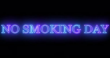 4K Sigara İçilmez Günü, parlak renkli metin animasyonu. Neon renkli Sigara İçilmeyen Gün metni. 4K 'de koyu bir arkaplanda parıldayan neon renkli hareket çizgisi var. Teknoloji video materyali animasyonu. 