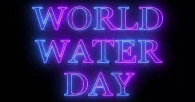 4K Dünya Su Günü neon renkli metin animasyonu. Neon renkli Dünya Su Günü metni. Koyu bir arkaplanda parıldayan neon renkli hareket çizgisi var. Teknoloji video materyali animasyonu. 