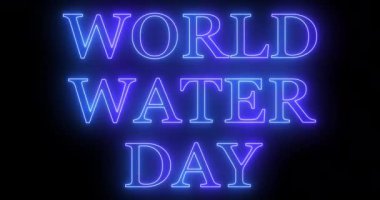 4K Dünya Su Günü neon renkli metin animasyonu. Neon renkli Dünya Su Günü metni. Koyu bir arkaplanda parıldayan neon renkli hareket çizgisi var. Teknoloji video materyali animasyonu. 