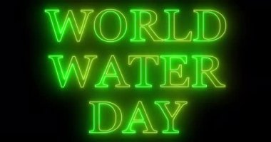 4K Dünya Su Günü neon renkli metin animasyonu. Neon renkli Dünya Su Günü metni. Koyu bir arkaplanda parıldayan neon renkli hareket çizgisi var. Teknoloji video materyali animasyonu. 