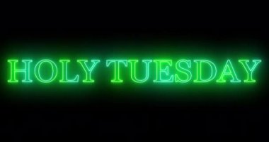 4K Holy Tuesday metin serin renkli animasyon. Neon renkli kutsal Salı metni, afiş için parlayan bir neon, sosyal medya duvar kağıdı hikayeleri. Teknoloji video animasyonu. Kullanımı kolay.