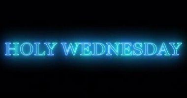 4K Holy Wednesday metin serin renkli animasyon. Neon renkli kutsal çarşamba metni, afiş için parlayan neon ışığı, sosyal medya duvar kağıdı hikayeleri. Teknoloji video materyali animasyonu.