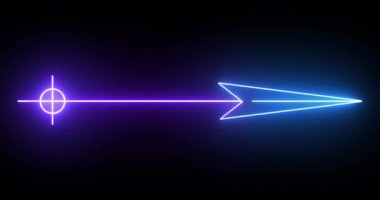 4K serin animasyon mavi ve mor renkli ok arka planı. Siyah arka planda parlayan neon renkli ok. Büyüleyici 4K Canlandırılmış neon büyüyen siyah arkaplan üzerindeki ok. 