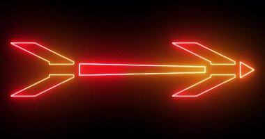 4K serin animasyon kırmızı ve turuncu renkli ok arka planı. Siyah arka planda parlayan neon renkli ok. Büyüleyici 4K Canlandırılmış neon büyüyen siyah arkaplan üzerindeki ok. 