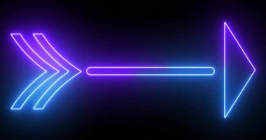 4K serin animasyon mavi ve mor renkli ok arka planı. Siyah arka planda parlayan neon renkli ok. Büyüleyici 4K Canlandırılmış neon büyüyen siyah arkaplan üzerindeki ok. 