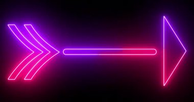 4K havalı animasyon pembe ve mor renkli ok arka planı. Siyah arka planda parlayan neon renkli ok. Büyüleyici 4K Canlandırılmış neon büyüyen siyah arkaplan üzerindeki ok.