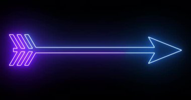 4K serin animasyon mavi ve mor renkli ok arka planı. Siyah arka planda parlayan neon renkli ok. Büyüleyici 4K Canlandırılmış neon büyüyen siyah arkaplan üzerindeki ok. 
