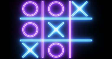 Siyah arka planda mavi ve pembe Tic Tac Toe oyun ikonu. Siyah arkaplanda parlayan neon hattı Tic Tac Toe X-O oyun simgesi. Teknoloji video animasyonu. Herhangi bir videoda kullanması kolay.