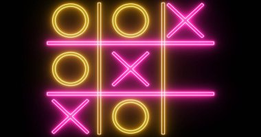 Siyah arka planda pembe ve sarı Tic Tac Toe oyun ikonu. Siyah arkaplanda parlayan neon hattı Tic Tac Toe X-O oyun simgesi. Teknoloji video animasyonu. Herhangi bir videoda kullanması kolay.