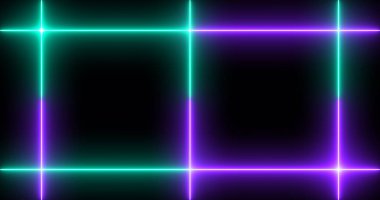 Siyah arka planda parlak ışıklı serin neon hattı. Parlak yanıp sönen neon çizgiler. Siyah arkaplanda elektrik flaşlarının etkisi. Teknoloji video materyali animasyonu.