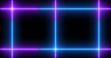 Siyah arka planda parlak ışıklı serin neon hattı. Parlak yanıp sönen neon çizgiler. Siyah arkaplanda elektrik flaşlarının etkisi. Teknoloji video materyali animasyonu.