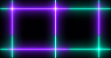 Siyah arka planda parlak ışıklı serin neon hattı. Parlak yanıp sönen neon çizgiler. Siyah arkaplanda elektrik flaşlarının etkisi. Teknoloji video materyali animasyonu.