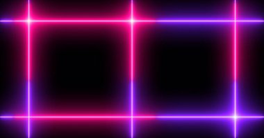 Siyah arka planda parlak ışıklı serin neon hattı. Parlak yanıp sönen neon çizgiler. Siyah arkaplanda elektrik flaşlarının etkisi. Teknoloji video materyali animasyonu.