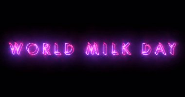 Illustration World Milk Day metin serin neon renkli. Neon renkli Dünya Süt Günü metni, afiş için parlayan bir neon, sosyal medya duvar kağıdı hikayeleri için. Teknoloji video materyali animasyonu.