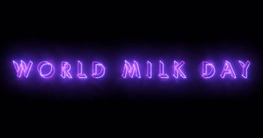Illustration World Milk Day metin serin neon renkli. Neon renkli Dünya Süt Günü metni, afiş için parlayan bir neon, sosyal medya duvar kağıdı hikayeleri için. Teknoloji video materyali animasyonu.