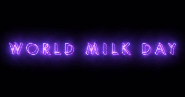 Illustration World Milk Day metin serin neon renkli. Neon renkli Dünya Süt Günü metni, afiş için parlayan bir neon, sosyal medya duvar kağıdı hikayeleri için. Teknoloji video materyali animasyonu.