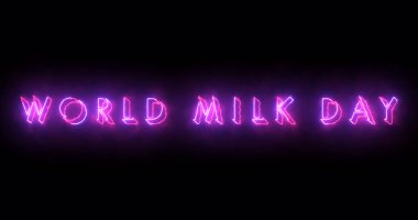 Illustration World Milk Day metin serin neon renkli. Neon renkli Dünya Süt Günü metni, afiş için parlayan bir neon, sosyal medya duvar kağıdı hikayeleri için. Teknoloji video materyali animasyonu.