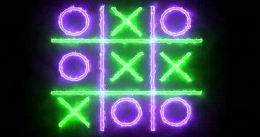 Siyah arkaplanda 4K mor ve yeşil Tic Tac Toe oyun simgesi. Siyah arkaplanda parlayan neon hattı Tic Tac Toe X-O oyun simgesi. Teknoloji video animasyonu. Herhangi bir videoda kullanması kolay.