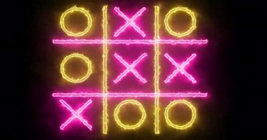 Siyah arka planda 4K pembe ve sarı Tic Tac Toe oyun ikonu. Siyah arkaplanda parlayan neon hattı Tic Tac Toe X-O oyun simgesi. Teknoloji video animasyonu. Herhangi bir videoda kullanması kolay.